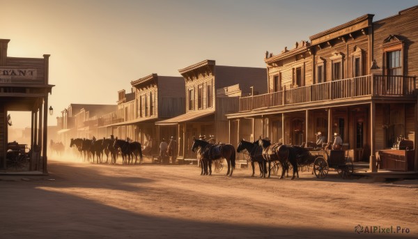 outdoors,sky,day,no humans,window,shadow,animal,ground vehicle,building,scenery,motor vehicle,sunset,dog,city,sign,road,riding,horse,street,barrel,cow,cart,multiple boys,blue sky,sunlight,multiple others,sepia,lamppost,evening,desert,town,people