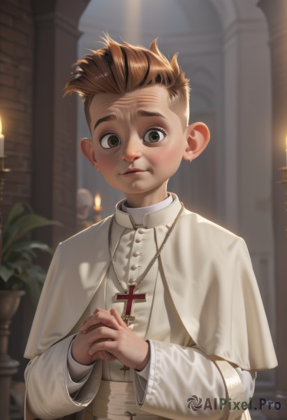 solo,looking at viewer,blush,short hair,brown hair,long sleeves,1boy,brown eyes,jewelry,upper body,male focus,earrings,parted lips,indoors,necklace,blurry,lips,capelet,blurry background,own hands together,cross,plant,child,freckles,nun,candle,own hands clasped,male child,cross necklace,church,priest,teeth,artist name,fire,robe,mohawk,candlestand