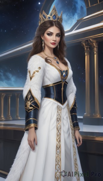 1girl,solo,long hair,breasts,looking at viewer,large breasts,brown hair,long sleeves,dress,cleavage,brown eyes,jewelry,medium breasts,standing,earrings,sky,indoors,necklace,nail polish,white dress,lips,fur trim,makeup,night,moon,tiara,crown,lipstick,gem,star (sky),red nails,corset,pendant,eyeshadow,starry sky,gold trim,long dress,red lips,space,planet,pillar,earth (planet),night sky,realistic,underbust