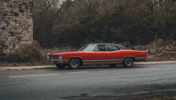 outdoors,tree,no humans,ground vehicle,scenery,motor vehicle,realistic,car,road,wall,brick wall,vehicle focus,photo background,sports car,nature