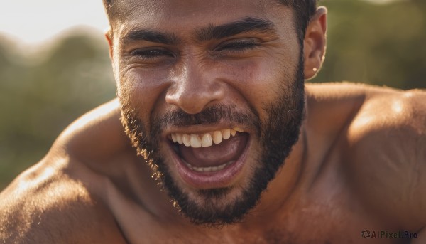 solo,looking at viewer,smile,short hair,open mouth,black hair,1boy,jewelry,male focus,nude,earrings,outdoors,teeth,day,tongue,blurry,muscular,blurry background,facial hair,half-closed eyes,thick eyebrows,pectorals,muscular male,portrait,bara,beard,close-up,topless male,mature male,realistic,mustache,manly,chest hair,arm hair,closed eyes,laughing,very short hair