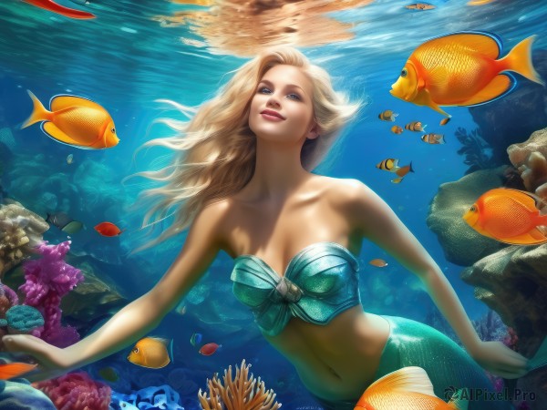 1girl,solo,long hair,breasts,looking at viewer,smile,blue eyes,blonde hair,navel,cleavage,bare shoulders,medium breasts,collarbone,swimsuit,midriff,artist name,signature,water,lips,strapless,makeup,floating hair,ocean,animal,watermark,sunlight,monster girl,web address,fish,bubble,rock,underwater,realistic,nose,red lips,air bubble,mermaid,shell,starfish,swimming,strapless bikini,coral,seaweed,clownfish,lipstick,turtle