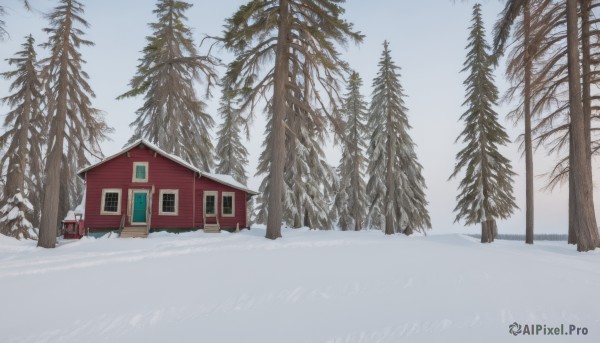 outdoors,sky,day,cloud,tree,blue sky,no humans,window,building,nature,scenery,snow,forest,snowing,door,road,house,winter,bare tree,pine tree,grass,mountain