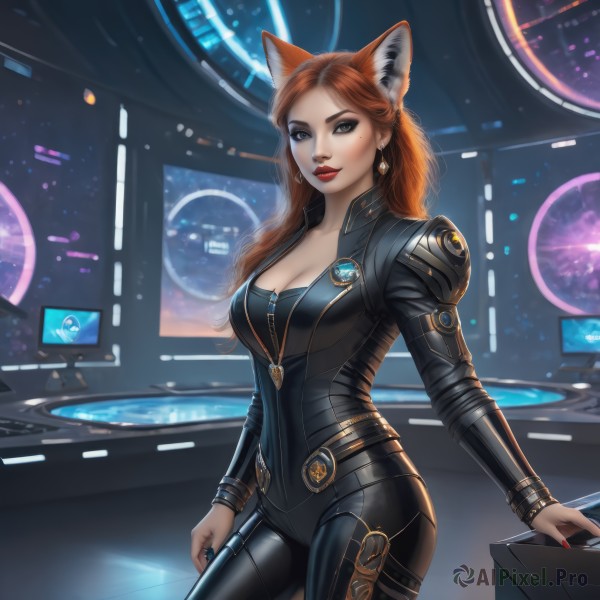 1girl,solo,long hair,breasts,looking at viewer,smile,blue eyes,large breasts,brown hair,animal ears,cleavage,jewelry,medium breasts,standing,cowboy shot,earrings,artist name,indoors,cat ears,nail polish,orange hair,mole,lips,fox ears,mole under eye,bodysuit,makeup,watermark,lipstick,skin tight,red nails,eyeshadow,zipper,science fiction,black bodysuit,red lips,eyeliner,monitor,full-length zipper,red hair,fox girl,extra ears,realistic,unzipped,partially unzipped