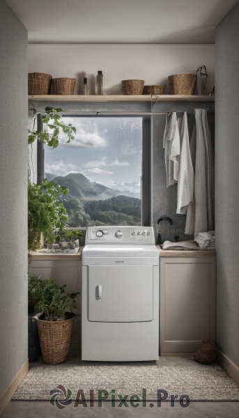 outdoors,sky,day,cloud,indoors,tree,blue sky,no humans,window,cloudy sky,plant,curtains,scenery,mountain,door,basket,potted plant,sink,faucet,laundry,washing machine,towel,shelf,kitchen,cabinet,stove