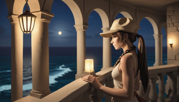 1girl,solo,long hair,breasts,brown hair,black hair,hat,dress,bare shoulders,jewelry,ponytail,earrings,outdoors,sky,sleeveless,water,white dress,from side,lips,profile,night,ocean,moon,star (sky),night sky,full moon,starry sky,lantern,railing,pillar,upper body,necklace,own hands together,arch