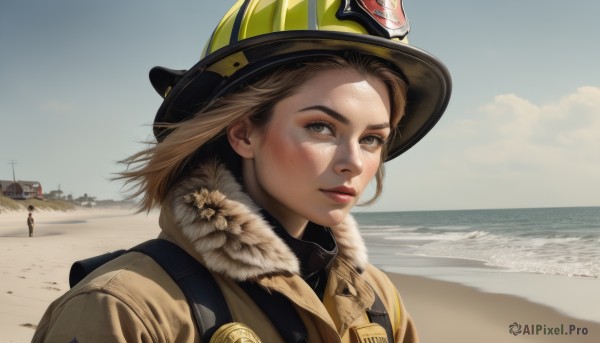 1girl,solo,looking at viewer,short hair,brown hair,hat,brown eyes,jacket,upper body,outdoors,parted lips,sky,day,cloud,blue sky,lips,coat,fur trim,ocean,beach,helmet,cloudy sky,ground vehicle,portrait,motor vehicle,freckles,realistic,nose,sand,car,road,solo focus,water,bag,backpack,wind,scenery,fur collar,horizon,watercraft,waves,boat,shore