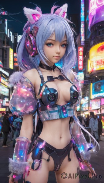 1girl,solo,long hair,breasts,looking at viewer,blue eyes,thighhighs,gloves,navel,animal ears,cleavage,bare shoulders,twintails,medium breasts,underwear,blue hair,standing,panties,cowboy shot,outdoors,parted lips,detached sleeves,solo focus,choker,midriff,puffy sleeves,cat ears,fingerless gloves,stomach,lips,see-through,fur trim,night,fake animal ears,headphones,ass visible through thighs,building,revealing clothes,headset,city,arms at sides,animal ear headphones,cat ear headphones,cyberpunk,bangs,closed mouth,collarbone,jacket,short sleeves,open clothes,belt,artist name,bag,nail polish,armor,blurry,collar,puffy short sleeves,fingernails,tattoo,cameltoe,backpack,black nails,o-ring,zipper,road,handcuffs,street,city lights,crosswalk