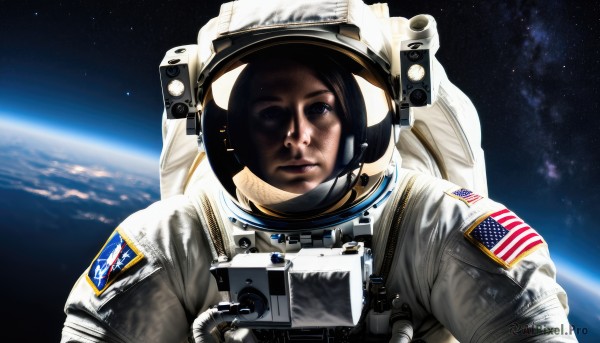 1girl,solo,looking at viewer,blue eyes,black hair,upper body,helmet,star (sky),reflection,science fiction,realistic,space,planet,earth (planet),american flag,spacesuit,japanese flag,united states,astronaut,1boy,male focus,lips,flag print,space helmet,american flag print