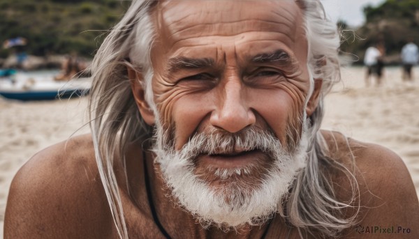 solo,1boy,closed mouth,closed eyes,upper body,white hair,male focus,outdoors,day,necklace,blurry,depth of field,blurry background,facial hair,beach,portrait,facing viewer,beard,realistic,mustache,sand,palm tree,bald,manly,old,old man,wrinkled skin,grey hair,nude,solo focus,lips,scar,scar on face,scar across eye,watercraft