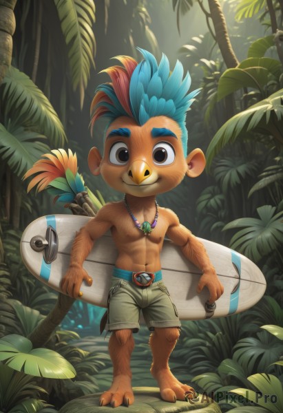 solo,looking at viewer,smile,1boy,navel,holding,animal ears,brown eyes,jewelry,blue hair,standing,full body,male focus,multicolored hair,outdoors,shorts,barefoot,belt,necklace,two-tone hair,tree,leaf,thick eyebrows,plant,nature,furry,forest,personification,freckles,topless male,palm tree,furry male,male child,mohawk,surfboard,closed mouth,tail,red hair,artist name,watermark,abs,feathers,animal nose,skateboard