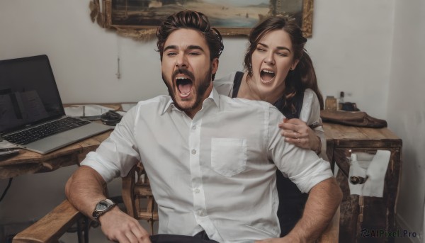 1girl,short hair,open mouth,brown hair,shirt,black hair,1boy,sitting,closed eyes,white shirt,male focus,multiple boys,teeth,collared shirt,pants,indoors,2boys,dress shirt,facial hair,chair,parody,table,beard,desk,sleeves rolled up,meme,watch,realistic,mustache,wristwatch,computer,photo (object),chest hair,laptop,keyboard (computer),real life insert,arm hair,wrinkled skin,long hair,tongue,stubble,shouting,screaming