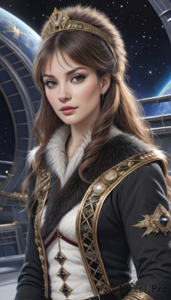 1girl,solo,long hair,looking at viewer,brown hair,shirt,long sleeves,brown eyes,jewelry,jacket,white shirt,upper body,earrings,open clothes,sky,belt,signature,lips,coat,black jacket,fur trim,makeup,tiara,crown,star (sky),starry sky,freckles,realistic,nose,red lips,space,planet,earth (planet),bangs,artist name,gem