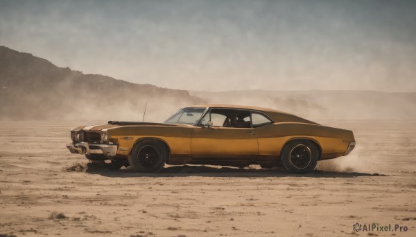 outdoors,sky,cloud,no humans,ground vehicle,scenery,motor vehicle,mountain,sand,car,road,vehicle focus,grey sky,desert,driving,dust,wheel,truck,from side,sports car