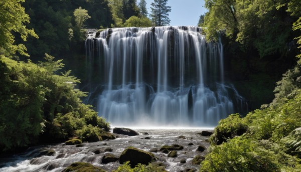 outdoors,sky,day,water,tree,blue sky,no humans,nature,scenery,forest,rock,river,waterfall,landscape,cloud,bush