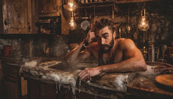 solo,long hair,looking at viewer,short hair,brown hair,black hair,1boy,jewelry,closed mouth,male focus,nude,indoors,dark skin,necklace,cup,wet,completely nude,tattoo,muscular,facial hair,table,dark-skinned male,bottle,pectorals,muscular male,bara,beard,partially submerged,watch,mature male,realistic,wristwatch,bathing,bath,arm tattoo,bathtub,chest hair,elbow rest,arm hair,bracelet,thick eyebrows,head rest,mustache,hand on own head,manly,undercut,wooden table