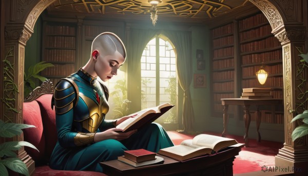 1girl,solo,short hair,1boy,dress,holding,jewelry,sitting,closed eyes,white hair,male focus,earrings,indoors,armor,from side,lips,book,window,profile,makeup,blue dress,chair,looking down,table,sunlight,plant,curtains,couch,holding book,open book,nose,bookshelf,reading,potted plant,lamp,bald,very short hair,book stack,library,lipstick,shoulder armor,eyeshadow,realistic,facial tattoo