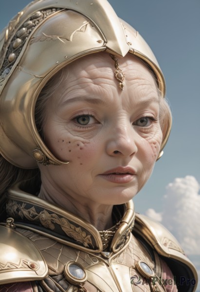 1girl,solo,long hair,looking at viewer,brown hair,brown eyes,upper body,outdoors,parted lips,sky,day,cloud,armor,blue sky,lips,grey eyes,helmet,shoulder armor,gem,portrait,freckles,pauldrons,breastplate,realistic,nose,chainmail,plate armor,closed mouth,blurry,eyelashes,blurry background,close-up