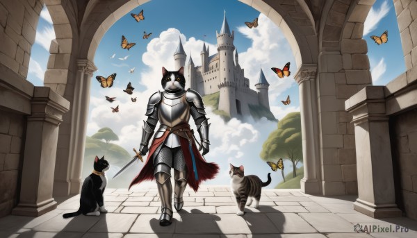 solo,1boy,holding,standing,weapon,boots,outdoors,sky,day,sword,cloud,cape,holding weapon,armor,tree,blue sky,shadow,bird,animal,holding sword,cat,helmet,cloudy sky,bug,shoulder armor,gauntlets,building,butterfly,sheath,scenery,1other,walking,pauldrons,breastplate,fantasy,armored boots,greaves,black cat,pillar,castle,knight,full armor,tower,ambiguous gender,arch,column,plate armor,1girl,animal ears,tail,full body,no humans,arms at sides,red cape,faulds,leg armor,yellow butterfly