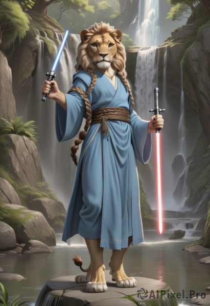 1girl,solo,long hair,looking at viewer,brown hair,1boy,holding,animal ears,brown eyes,very long hair,standing,tail,full body,weapon,braid,male focus,outdoors,day,sword,wide sleeves,water,holding weapon,twin braids,tree,sash,holding sword,nature,furry,dual wielding,robe,rock,furry female,furry male,lion ears,waterfall,snout,brown fur,energy sword,lion tail,lion boy,lightsaber,barefoot,teeth,artist name,grass,lion,furrification