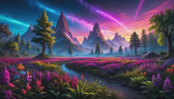 A stunning landscape within a lush sunset outdoors