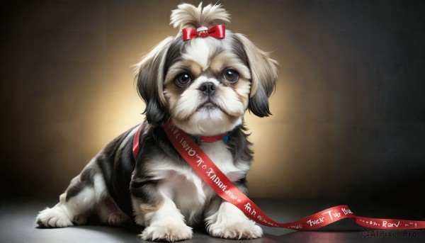 HQ,solo,looking at viewer,bow,ribbon,brown eyes,closed mouth,full body,hair bow,black eyes,red bow,collar,english text,red ribbon,no humans,animal,dog,realistic,leash,animal focus,animalization,red collar,topknot,animal collar,pet,simple background,sitting,signature,gradient,gradient background,frown,black background,spotlight,clothed animal