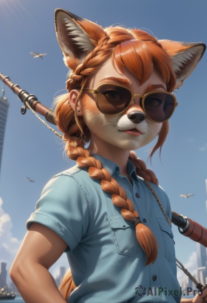 1girl,solo,long hair,looking at viewer,bangs,brown hair,shirt,animal ears,brown eyes,jewelry,tail,upper body,weapon,braid,short sleeves,earrings,outdoors,parted lips,sky,day,collared shirt,belt,artist name,orange hair,twin braids,flat chest,blue sky,lips,fox ears,buttons,fox tail,bird,animal,watermark,sunglasses,blue shirt,fox girl,furry,freckles,pocket,city,round eyewear,furry female,stud earrings,breast pocket,tinted eyewear,animal nose,snout,furrification,orange fur,glasses,cloud,blurry,uniform,animal ear fluff,gun,sunlight,thick eyebrows,extra ears,cityscape