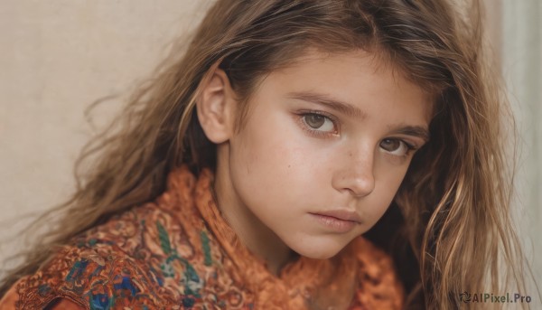 1girl,solo,long hair,looking at viewer,simple background,brown hair,brown eyes,closed mouth,scarf,lips,eyelashes,portrait,freckles,realistic,nose,bangs,grey background,blurry,expressionless,floral print,close-up