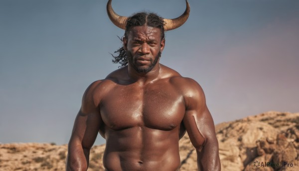 solo,looking at viewer,short hair,black hair,1boy,navel,nipples,closed eyes,upper body,male focus,nude,outdoors,horns,shiny,dark skin,stomach,blurry,completely nude,tattoo,muscular,blurry background,facial hair,scar,abs,dark-skinned male,pectorals,muscular male,bara,beard,large pectorals,topless male,mature male,realistic,mustache,cow horns,chest hair,navel hair,photo background,desert,cow boy,smile,closed mouth,sky,day,shiny skin,demon horns,facing viewer,scar on face,rock