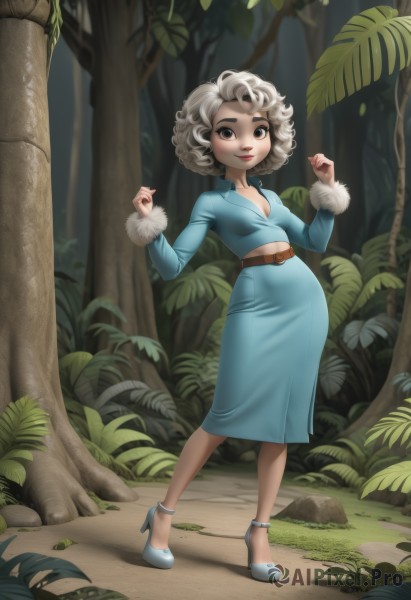 1girl,solo,breasts,looking at viewer,smile,short hair,skirt,long sleeves,dress,cleavage,brown eyes,medium breasts,closed mouth,standing,full body,white hair,grey hair,small breasts,outdoors,shoes,day,belt,artist name,black eyes,high heels,tree,lips,blue skirt,hands up,fur trim,makeup,blue dress,leaf,grass,plant,nature,forest,curly hair,blue footwear,brown belt,fur-trimmed sleeves,pregnant,w arms,big belly,watermark,web address