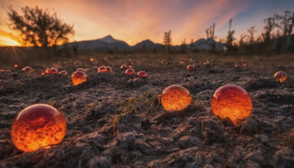 A charming sunset outdoors featuring a landscape