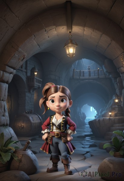 1girl,solo,looking at viewer,smile,brown hair,shirt,long sleeves,brown eyes,jewelry,closed mouth,standing,ponytail,weapon,braid,earrings,boots,belt,pants,sword,indoors,vest,side ponytail,lips,window,night,brown footwear,plant,child,hands on hips,lantern,stairs,fantasy,female child,potted plant,lamp,barrel,long hair,1boy,jacket,full body,bag,chibi,pouch,hammer,torch