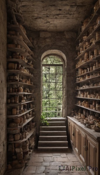 day,indoors,tree,no humans,window,sunlight,bottle,plant,scenery,stairs,brick wall,shelf,jar,arch,fantasy,basket,potted plant,shop,stone wall