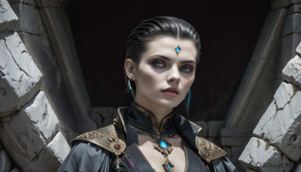 1girl,solo,breasts,looking at viewer,short hair,blue eyes,black hair,cleavage,jewelry,upper body,earrings,parted lips,necklace,armor,lips,makeup,shoulder armor,gem,portrait,realistic,nose,red lips,forehead jewel,pillar,blue gemstone,simple background,teeth,facial mark,forehead,forehead mark