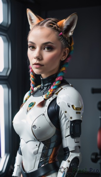 1girl,solo,long hair,breasts,looking at viewer,brown hair,black hair,animal ears,brown eyes,jewelry,closed mouth,upper body,pink hair,braid,multicolored hair,earrings,small breasts,cat ears,armor,blurry,twin braids,two-tone hair,lips,animal ear fluff,bodysuit,makeup,blurry background,eyeshadow,science fiction,realistic,nose,white bodysuit,cyborg,hair ornament,blue hair,hairclip,indoors,orange hair,fake animal ears,extra ears,forehead