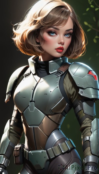 1girl,solo,breasts,looking at viewer,short hair,bangs,blue eyes,blonde hair,brown hair,gloves,medium breasts,standing,weapon,cowboy shot,parted lips,belt,artist name,medium hair,armor,lips,eyelashes,bodysuit,makeup,swept bangs,leaf,bob cut,lipstick,shoulder armor,freckles,pauldrons,pouch,breastplate,nose,red lips,belt pouch,power armor,mascara,plate armor,boobplate,blush,closed mouth,upper body,backlighting