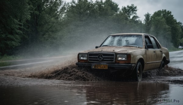 outdoors,sky,cloud,water,tree,no humans,cloudy sky,ground vehicle,nature,scenery,motor vehicle,forest,reflection,rain,car,road,vehicle focus,puddle,grey sky,sports car,day,realistic