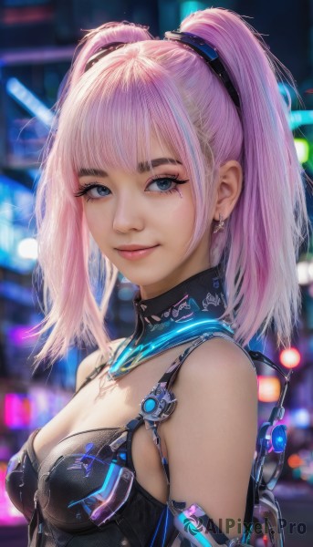 1girl,solo,long hair,breasts,looking at viewer,smile,bangs,blue eyes,cleavage,bare shoulders,twintails,jewelry,medium breasts,closed mouth,upper body,pink hair,multicolored hair,earrings,artist name,mole,blurry,lips,streaked hair,eyelashes,makeup,depth of field,blurry background,backpack,eyeshadow,science fiction,realistic,nose,mascara,cyberpunk,small breasts,from side,detached collar,cyborg