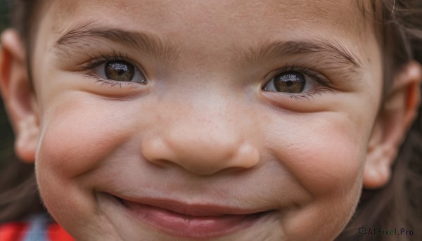 1girl,solo,looking at viewer,smile,brown hair,1boy,brown eyes,male focus,blurry,lips,symbol-shaped pupils,depth of field,blurry background,portrait,close-up,realistic,nose,eye focus,open mouth,teeth,grin,american flag