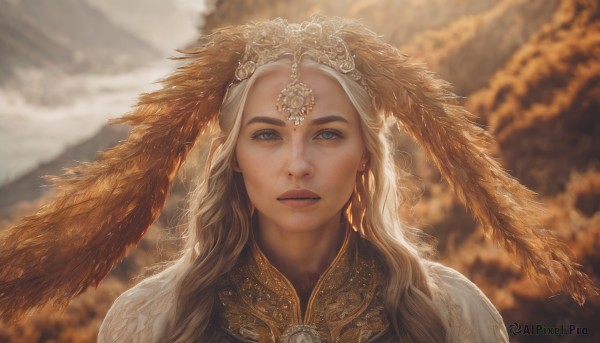 1girl,solo,long hair,looking at viewer,blue eyes,blonde hair,hair ornament,outdoors,parted lips,blurry,lips,depth of field,blurry background,feathers,portrait,freckles,circlet,mountain,realistic,headdress,straight-on,jewelry,earrings,sky,teeth,cloud,cloudy sky,veil