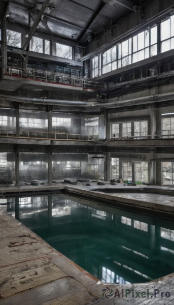 day,indoors,water,tree,no humans,window,sunlight,ground vehicle,building,scenery,reflection,stairs,architecture,bridge,train station,railroad tracks,science fiction,railing,cable,tile floor,ruins,ceiling,ceiling light