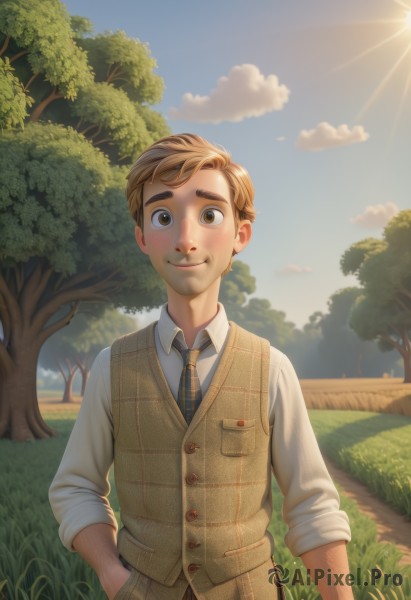 solo,looking at viewer,blush,smile,short hair,brown hair,shirt,long sleeves,1boy,brown eyes,standing,white shirt,upper body,male focus,outdoors,necktie,sky,day,striped,collared shirt,pants,cloud,vest,tree,blue sky,plaid,blood,sunlight,thick eyebrows,grass,nature,sleeves rolled up,pocket,hand in pocket,sun,nosebleed,brown vest,artist name,striped necktie