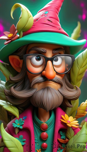 solo,looking at viewer,brown hair,shirt,1boy,hat,closed mouth,jacket,upper body,flower,grey hair,male focus,glasses,pointy ears,artist name,black eyes,grey eyes,witch hat,facial hair,leaf,thick eyebrows,portrait,beard,green background,black-framed eyewear,green headwear,green shirt,mustache,hat flower,pink headwear,pink jacket,wizard hat,blue eyes,watermark,web address,wizard