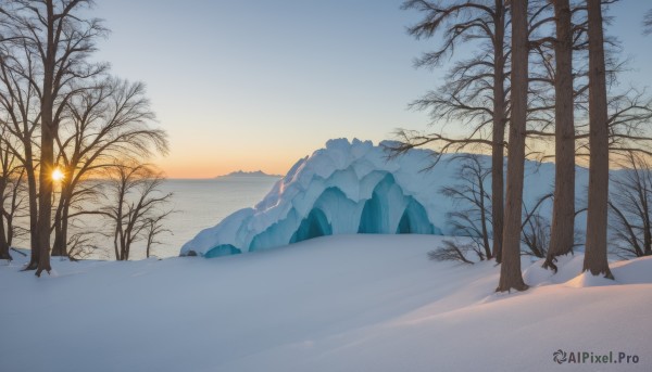 outdoors,sky,cloud,tree,blue sky,no humans,nature,scenery,snow,sunset,ice,mountain,sun,winter,bare tree,gradient sky,sunrise,day,forest,horizon