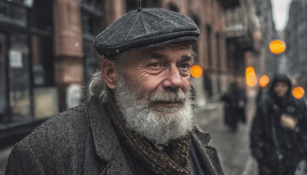 looking at viewer,1boy,hat,jewelry,jacket,upper body,white hair,grey hair,male focus,outdoors,multiple boys,necktie,solo focus,necklace,blurry,uniform,dutch angle,black headwear,depth of field,blurry background,facial hair,beret,3boys,beard,rain,city,realistic,mustache,manly,old,old man,closed mouth,day,coat,grey eyes,scar,portrait,scar on face,bokeh,grey coat,wrinkled skin