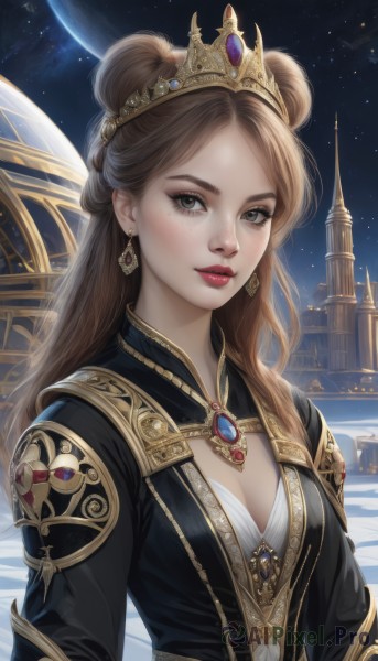 1girl,solo,long hair,breasts,looking at viewer,brown hair,long sleeves,dress,cleavage,brown eyes,jewelry,medium breasts,closed mouth,upper body,earrings,sky,artist name,necklace,hair bun,lips,double bun,makeup,night,cleavage cutout,tiara,crown,lipstick,brooch,gem,star (sky),night sky,starry sky,freckles,gold trim,realistic,nose,red lips,space,planet,castle,earth (planet),bangs,outdoors,parted lips,grey eyes,clothing cutout,moon