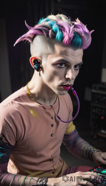 solo,looking at viewer,short hair,blue eyes,shirt,long sleeves,1boy,jewelry,sitting,blue hair,upper body,pink hair,white hair,male focus,multicolored hair,earrings,indoors,necklace,nail polish,blurry,bracelet,two-tone hair,fingernails,makeup,blurry background,facial hair,piercing,ring,lipstick,ear piercing,eyeshadow,realistic,cable,very short hair,earphones,earbuds,mohawk,lip piercing,horns,artist name,lips,aqua hair,veins