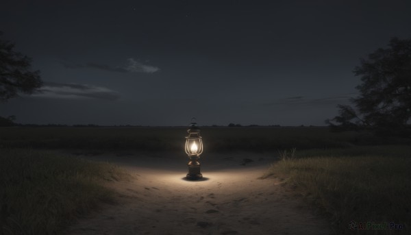 1girl,solo,holding,outdoors,sky,cloud,from behind,tree,no humans,night,grass,star (sky),nature,night sky,scenery,forest,starry sky,lantern,dark,path,holding lantern,cloudy sky,fire,horizon,wide shot