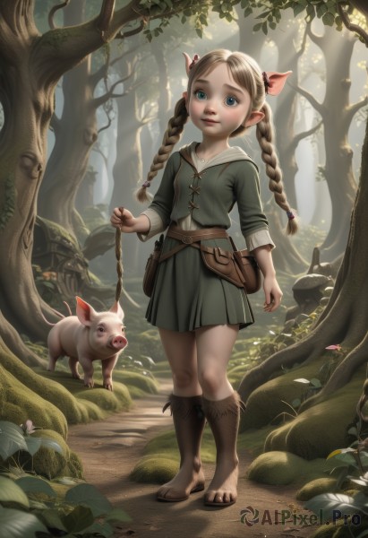 1girl,solo,long hair,looking at viewer,blue eyes,skirt,blonde hair,brown hair,shirt,long sleeves,ribbon,holding,twintails,closed mouth,standing,full body,hair ribbon,braid,flower,pleated skirt,boots,outdoors,barefoot,day,pointy ears,belt,artist name,signature,bag,twin braids,flat chest,tree,toes,animal,sunlight,plant,green skirt,child,rope,nature,forest,walking,toenails,pouch,realistic,leash,nose,fantasy,green shirt,female child,mushroom,belt pouch,hooves,pig ears,hair ornament,leaf,grass