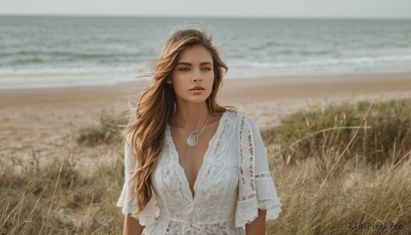 1girl,solo,long hair,breasts,looking at viewer,brown hair,dress,cleavage,brown eyes,jewelry,collarbone,upper body,short sleeves,small breasts,outdoors,parted lips,day,necklace,white dress,blurry,lips,blurry background,ocean,beach,grass,realistic,horizon,field,sky,wind,pendant,wheat